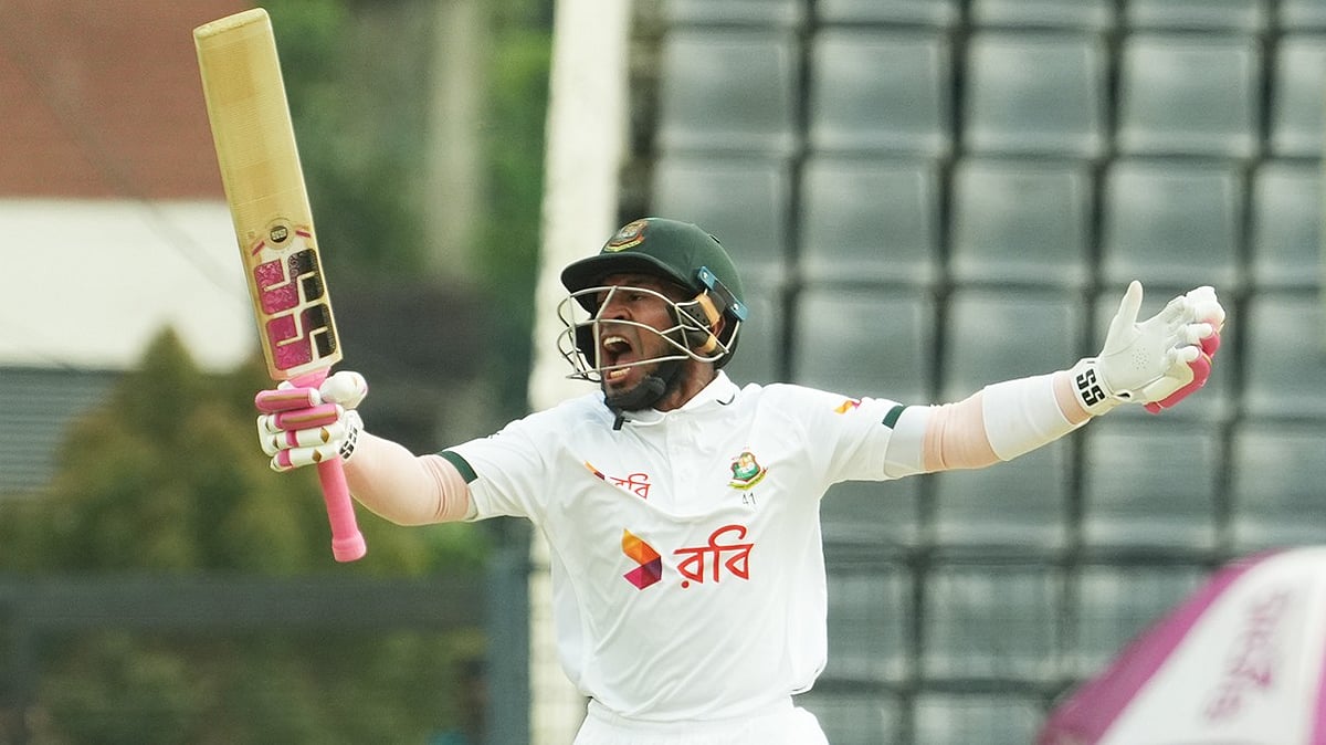 Bangladesh's Mushfiqur Rahim celebrates after scoring a century during Day 3 of the Test against Pakistan on May 18, 2026. - | Photo: X/BCBTigers