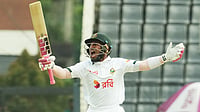 | Photo: X/BCBTigers : Bangladesh's Mushfiqur Rahim celebrates after scoring a century during Day 3 of the Test against Pakistan on May 18, 2026.