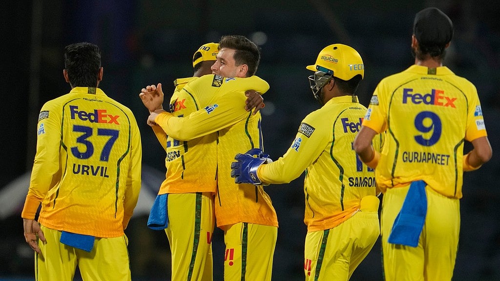 Noor Ahmad celebrates the wicket of Nitish Rana with teammates during the Indian Premier League match between Chennai Super Kings and Delhi Capitals in New Delhi. - Photo: AP