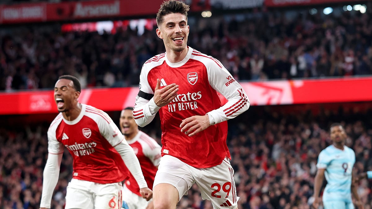Kai Havertz celebrates after scoring the opener in Arsenal vs Burnley Premier League 2025-26 match at Emirates Stadium in London.  - premierleague/X
