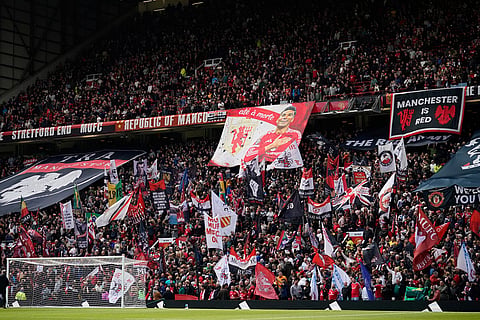 Manchester United fans display a tifo for Casemiro ahead of his last home game for Manchester United during the English Premier League soccer match between Manchester United and Nottingham Forest in Manchester, England.