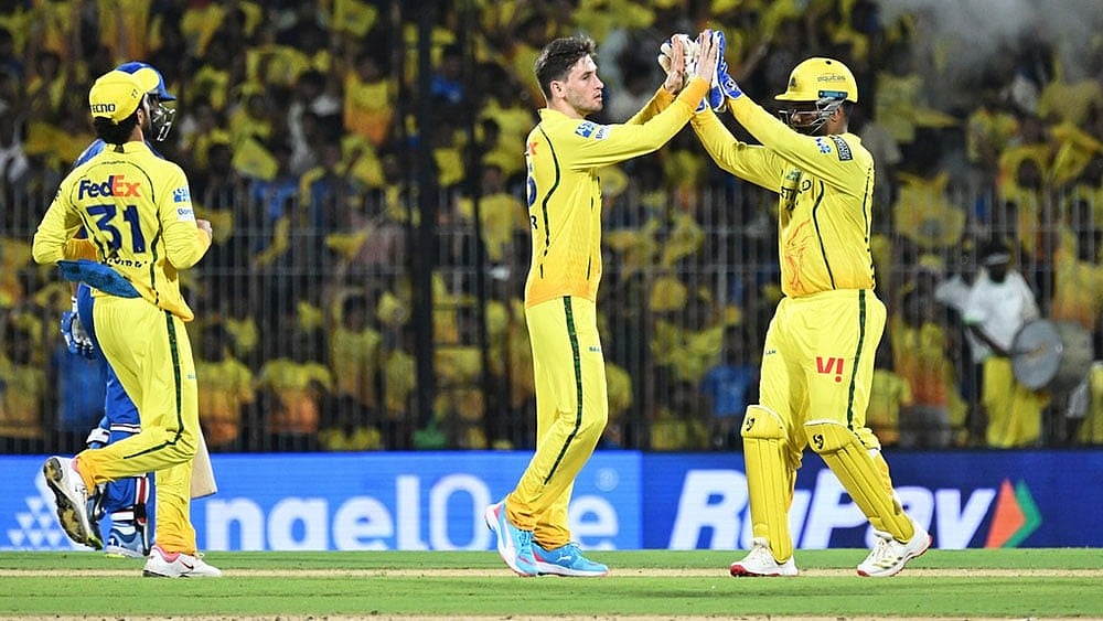 | Photo: AP  : Chennai Super Kings' Noor Ahmad, center, celebrates with teammate Sanju Samson the wicket of Mumbai Indians' Ryan Rickelton during the Indian Premier League cricket match between Chennai Super Kings and Mumbai Indians in Chennai, India.