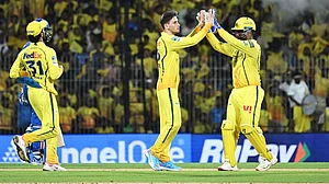 | Photo: AP : Chennai Super Kings' Noor Ahmad, center, celebrates with teammate Sanju Samson the wicket of Mumbai Indians' Ryan Rickelton during the Indian Premier League cricket match between Chennai Super Kings and Mumbai Indians in Chennai, India.