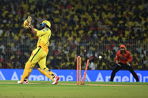 Chennai Super Kings' Urvil Patel bowled by Sunrisers Hyderabad's Sakib Hussain during the Indian Premier League cricket match between Chennai Super Kings' and Sunrisers Hyderabad in Chennai, India.