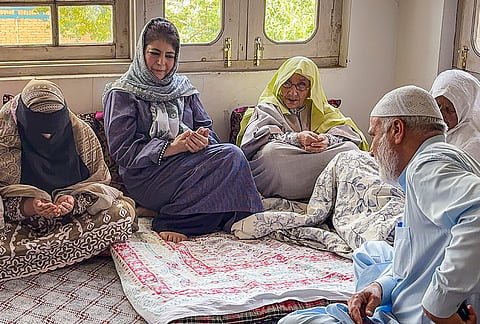 PDP President Mehbooba Mufti meets the family members of former Ameer of Jamaat-e-Islami, Sheikh Ghulam Hassan, as the latter passed away, in Kulgam.