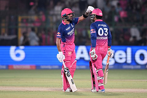 Rajasthan Royals' Dhruv Jurel, left, congratulates teammate Vaibhav Sooryavanshi for hitting a six during the Indian Premier League cricket match between Lucknow Super Giants and Rajasthan Royals in Jaipur, India.