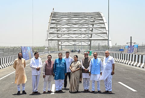 Union Minister of Road Transport and Highways Nitin Gadkari along with Chief Minister of Delhi Rekha Gupta and others conduct a joint on-site inspection of the Delhi-Mumbai Expressway Link (NH-148 NA) project, New Delhi.
