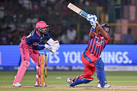 Lucknow Super Giants' Nicholas Pooran plays a shot during the Indian Premier League (IPL) 2026 T20 cricket match between Rajasthan Royals and Lucknow Super Giants, in Jaipur, Rajasthan.