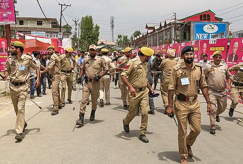 Security heightened as Jammu and Kashmir Lieutenant Governor Manoj Sinha takes out a foot march during the 'Nasha Mukt Abhiyan' campaign against drug abuse, in Pulwama district.