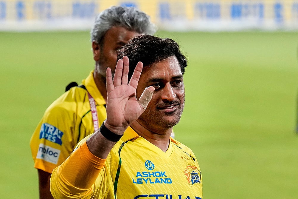 Chennai Super Kings' MS Dhoni after losing the match and being eliminated from the tournament following the Indian Premier League (IPL) 2026 T20 cricket match against Sunrisers Hyderabad, in Chennai, Tamil Nadu. - | Photo: PTI/R Senthilkumar