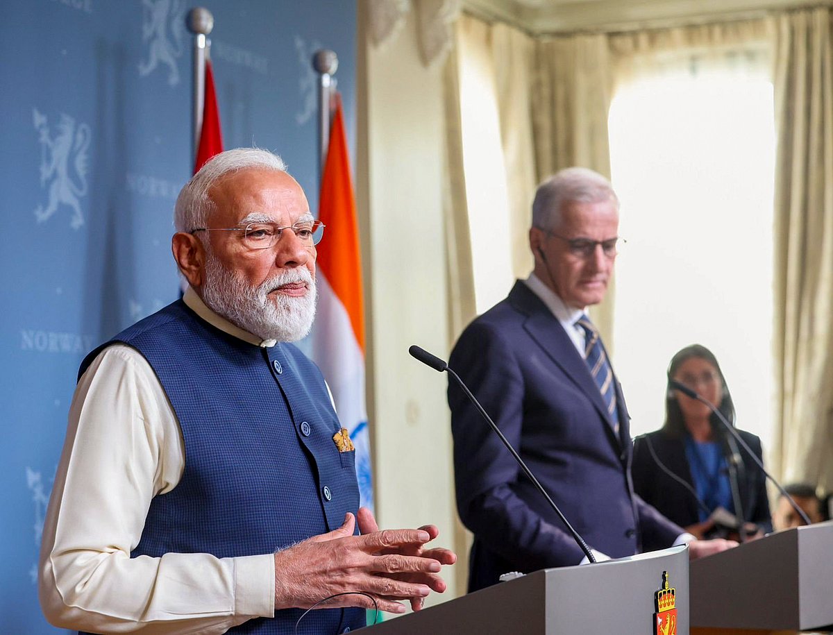 Prime Minister Narendra Modi and Norway Prime Minister Jonas Gahr Støre address a joint press conference after bilateral talks, in Oslo, Norway. - PTI