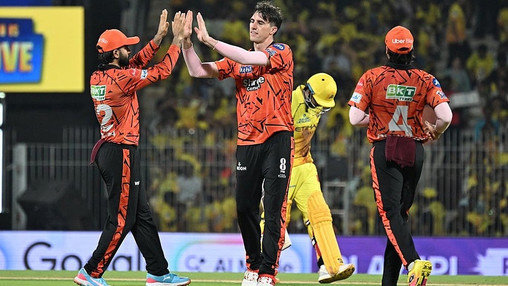 Sunrisers Hyderabad's Pat Cummins celebrates the wicket of Chennai Super Kings' Kartik Sharma with teammates during the Indian Premier League cricket match between Chennai Super Kings' and Sunrisers Hyderabad in Chennai, India. - | Photo: AP