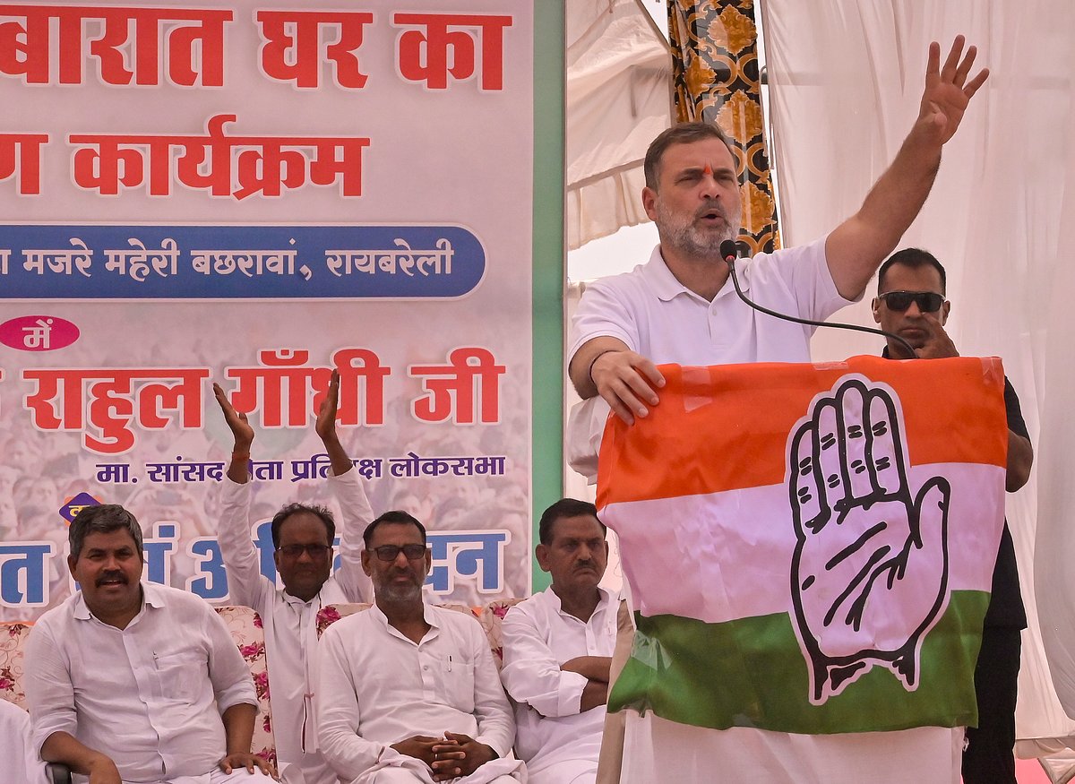 Congress MP and Lok Sabha LoP Rahul Gandhi being addresses the inauguration of a marriage hall, at Bachhrawan, in Raebareli district, Uttar Pradesh, Tuesday, May 19, 2026. -  Source : PTI