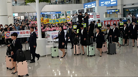 North Korean soccer club Naegohyang Women's FC team arrives for the semifinals of the AFC Women's Champions League at Incheon International Airpot in Incheon, South Korea, Sunday, May 17, 2026.
