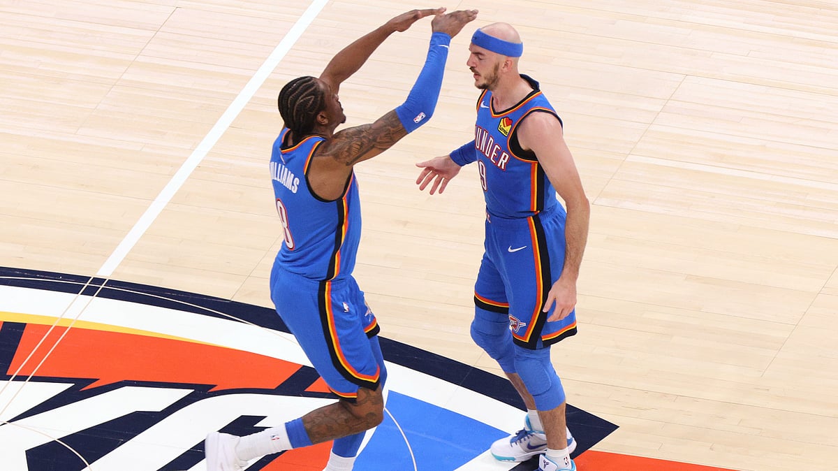 klahoma City Thunder guard Alex Caruso celebrates with guard Jalen Williams (8) after a 3-pointer during the second half of Game 1 in a third-round NBA basketball playoffs series against the San Antonio Spurs Monday, May 18, 2026, in Oklahoma City - (AP Photo/Nate Billings)