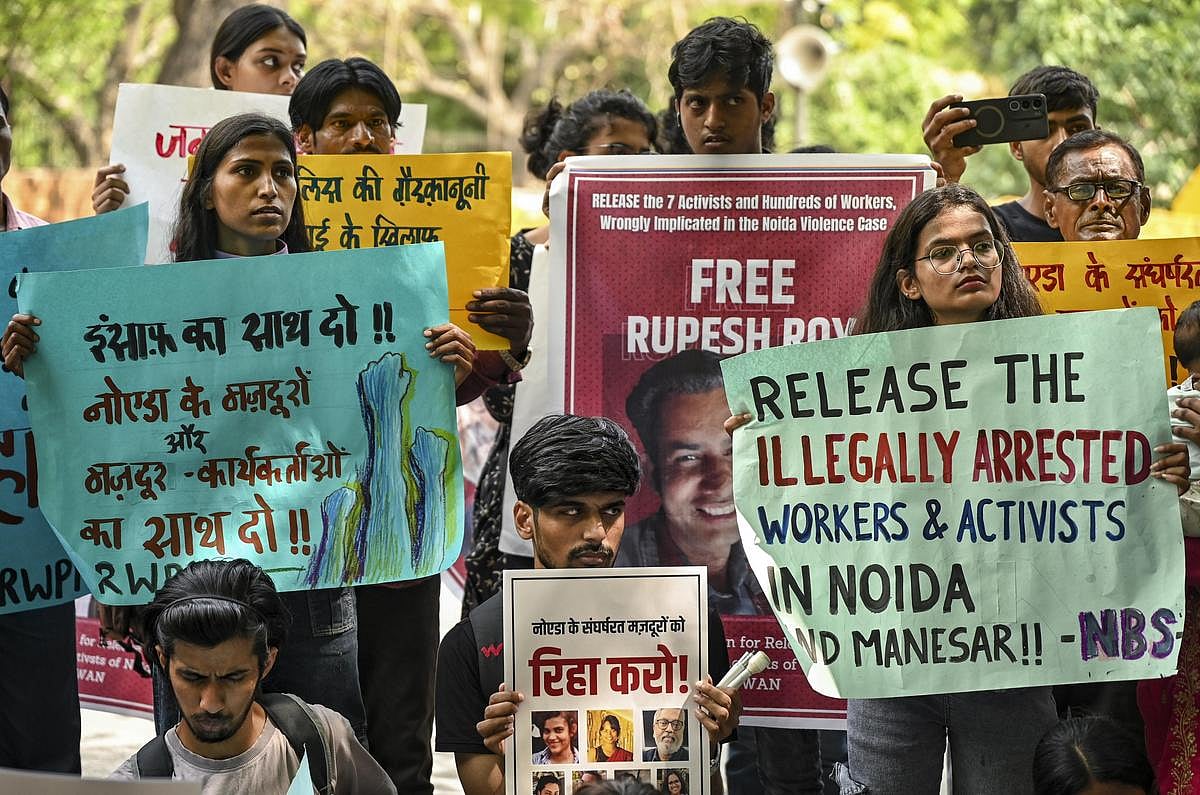 Activists at Mumbai’s Azad Maidan protest the Uttar Pradesh government’s use of the National Security Act, highlighting alleged illegal arrests, harsh working conditions, wage disparities and calls to repeal the ‘draconian’ NSA. - PTI