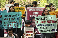 PTI : Activists at Mumbai’s Azad Maidan protest the Uttar Pradesh government’s use of the National Security Act, highlighting alleged illegal arrests, harsh working conditions, wage disparities and calls to repeal the ‘draconian’ NSA.