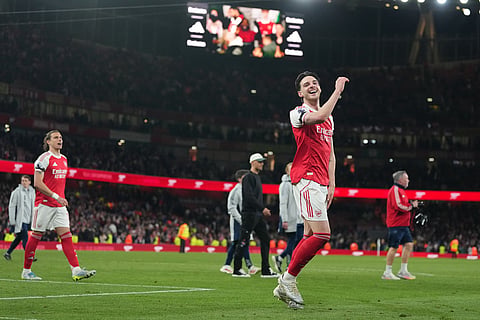 Arsenal's Declan Rice reacts after a Premier League soccer match between Arsenal and Burnley in London.