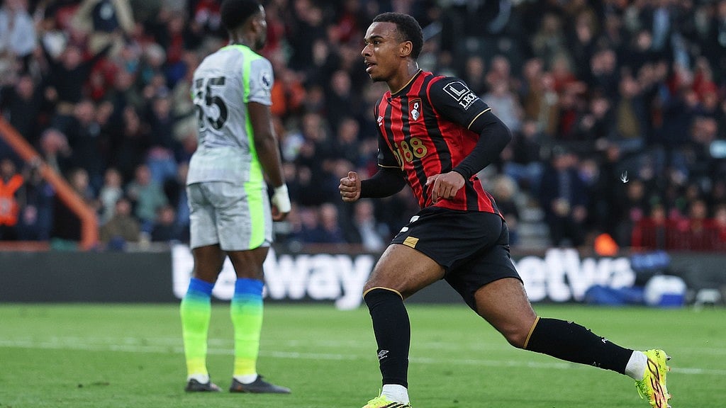 Bournemouth's Eli Junior Kroupi celebrates after scoring his side's opening goal during the English Premier League soccer match between AFC Bournemouth and Manchester City in Bournemouth, England, Tuesday, May 19, 2026. - AP Photo/Ian Walton
