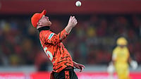 | Photo: AP/Mahesh Kumar A. : Sunrisers Hyderabad's Heinrich Klaasen celebrates after taking the catch to dismiss Chennai Super Kings' Ayush Mhatre during the Indian Premier League cricket match between Sunrisers Hyderabad and Chennai Super Kings in Hyderabad.
