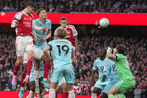 Arsenal's Kai Havertz scores during a Premier League soccer match between Arsenal and Burnley in London.