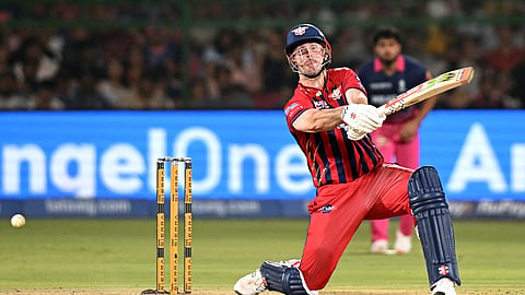 Mitchell Marsh plays a shot during the Indian Premier League match between Lucknow Super Giants and Rajasthan Royals in Jaipur.