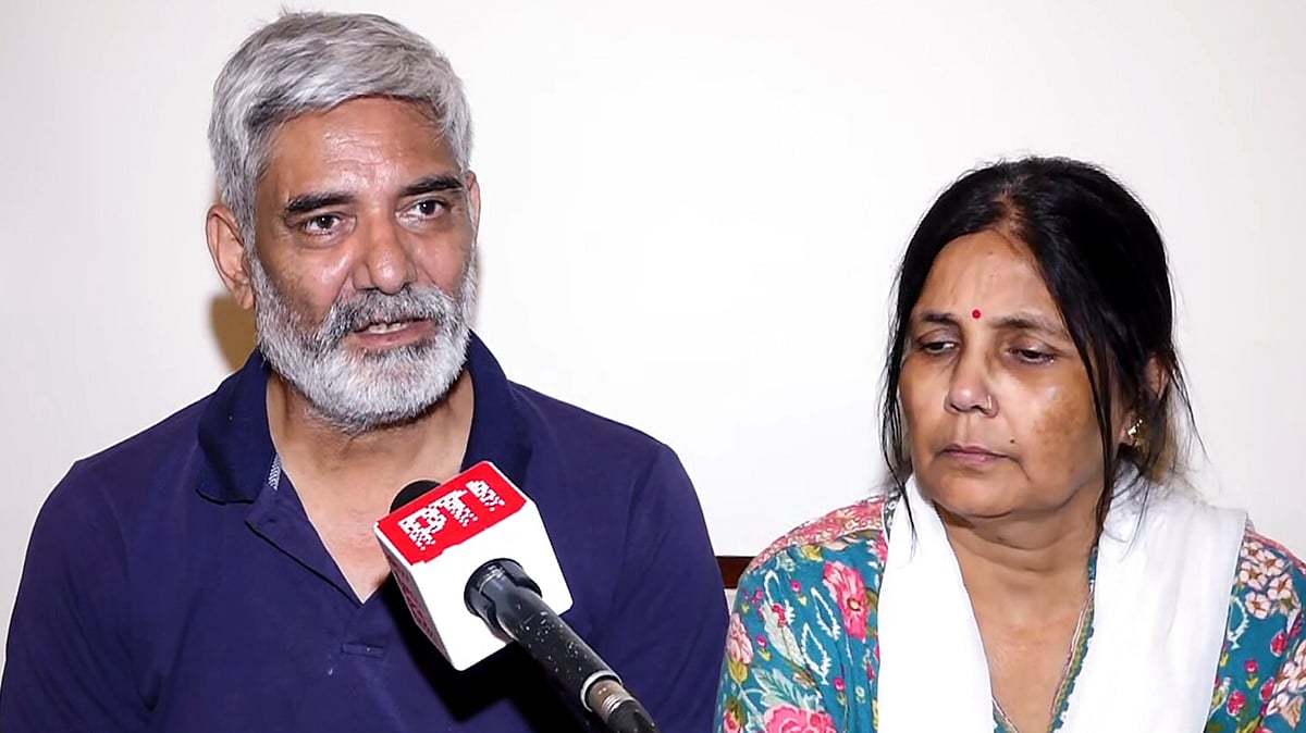 Navnidhi Sharma and Rekha Sharma, parents of Twisha Sharma, a 33-year-old woman who was found hanging at her marital home in the Katara Hills area last week, speaks to the media, in Bhopal - PTI