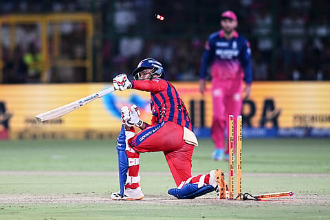 Lucknow Super Giants' Ayush Badoni is bowled out by Rajasthan Royals' Jofra Archer during the Indian Premier League cricket match between Lucknow Super Giants and Rajasthan Royals in Jaipur, India.
