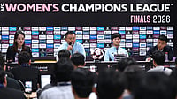 | Photo: Jung Yeon-je/Pool Photo via AP : North Korea's Naegohyang Women's FC head coach Ri Yu Il, center left, and his player Kim Kyong Yong, center right, attend a press conference at Suwon Sports Complex in Suwon Tuesday, May 19, 2026, ahead of the Women's Asian Champions League semi-final football match against South Korea's Suwon FC Women.