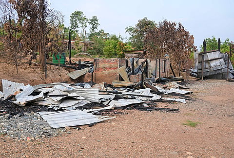 Charred remains of structures and other properties lie scattered at Zingshophai Choro, a Tangkhul Naga village, one of the three border villages along the Indo-Myanmar border allegedly attacked by Myanmar-based Kuki militants on May 7th, in Kamjong district, Manipur.