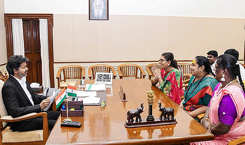 Tamil Nadu CM Joseph Vijay during a meeting with social workers. 