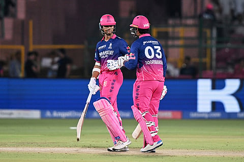 Rajasthan Royals' captain Yashasvi Jaiswal, left, and teammate Vaibhav Sooryavanshi step out to bat during the Indian Premier League cricket match between Lucknow Super Giants and Rajasthan Royals in Jaipur, India.