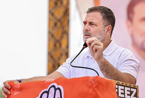 Congress MP and Lok Sabha LoP Rahul Gandhi addresses the gathering during 'Gram Vikas Samvad' programme, at Bachhrawan, in Raebareli district, Uttar Pradesh.