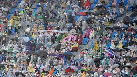 South and North Korean joint cheering squads are seen during the AFC Women's Champions League semifinal between North Korea's Naegohyang Women's FC and South Korea's Suwon FC in Suwon, South Korea, Wednesday, May 20, 2026. 
