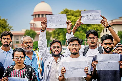 In Search of Answers: NEET aspirants assemble within the precincts of the Supreme Court during a hearing on the NEET paper leak case on July 18, 2024 in New Delhi
