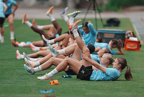 Australia's Melbourne City FC players warm up during a training session ahead of the AFC Women's Champions League semifinal match against Japan's Tokyo Verdy Beleza in Suwon, South Korea.