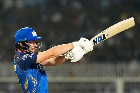 Mumbai Indians' Will Jacks plays a shot during the Indian Premier League cricket match between Kolkata Knight Riders and Mumbai Indians, in Kolkata , India.