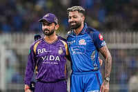 KKR Vs MI, IPL 2026: See Best Photos From Indian Premier League Match 65 At Kolkata's Eden Gardens | Photo: PTI/Swapan Mahapatra : Mumbai Indians' captain Hardik Pandya, right, and Kolkata Knight Riders' captain Ajinkya Rahane during the toss before an Indian Premier League (IPL) 2026 T20 cricket match between Kolkata Knight Riders and Mumbai Indians, in Kolkata, West Bengal.