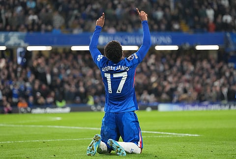 Chelsea's Andrey Santos celebrates after scoring during a Premier League soccer match between Chelsea and Tottenham in London.