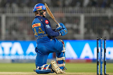 Mumbai Indians' Ryan Rickelton plays a shot during the Indian Premier League cricket match between Kolkata Knight Riders and Mumbai Indians, in Kolkata, India.