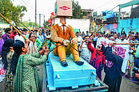 Bhopal Gas Tragedy Survivors Face a Slow Death of Care: Broken Health System, Delayed Treatment and Failing Support | Photo: PTI : Endless Trauma: People protest with an effigy representing the Dow Chemical Company on the 39th anniversary of the tragedy