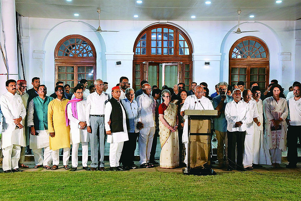 Political Charade: Mallikarjun Kharge (centre) with leaders of the INDIA bloc on December 6, 2024   - | Photo: Suresh K. Pandey