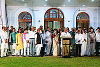 | Photo: Suresh K. Pandey : Political Charade: Mallikarjun Kharge (centre) with leaders of the INDIA bloc on December 6, 2024  