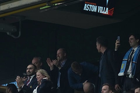 Britain's Prince William, background, celebrates after the Europa League final soccer match between Freiburg and Aston Villa in Istanbul, Turkey.