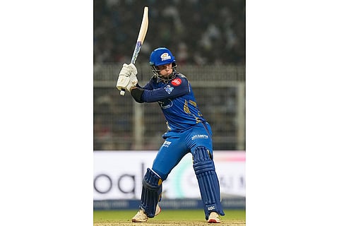 Mumbai Indians' Corbin Bosch plays a shot during the Indian Premier League cricket match between Kolkata Knight Riders and Mumbai Indians, in Kolkata , India.