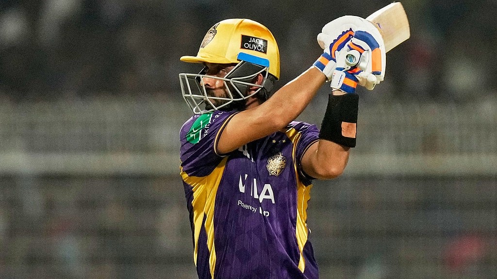 Kolkata Knight Riders' captain Ajinkya Rahane plays a shot during the Indian Premier League cricket match between Kolkata Knight Riders and Mumbai Indians, in Kolkata , India, Wednesday, May 20, 2026. - AP Photo/Bikas Das