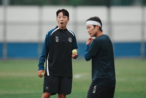 South Korea's Suwon FC Women Kim Hye-ri , left, and South Korea's Suwon FC Women Ji So-yun warm up during a training session ahead of the AFC Women's Champions League semifinal match against North Korea's Naegohyang Women's FC in Suwon, South Korea.