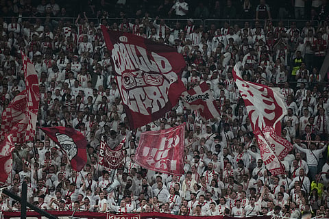 Freiburg fans cheer for their team during the Europa League final soccer match between Freiburg and Aston Villa in Istanbul, Turkey, Wednesday.