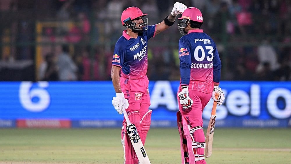 Rajasthan Royals' Dhruv Jurel, left, congratulates teammate Vaibhav Sooryavanshi for hitting a six during the Indian Premier League cricket match between Lucknow Super Giants and Rajasthan Royals in Jaipur, India. - | Photo: AP 