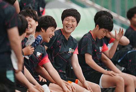 North Korea's Naegohyang Women's FC players prepare for a training session ahead of the AFC Women's Champions League semifinal match against South Korea's Suwon FC Women in Suwon, South Korea.